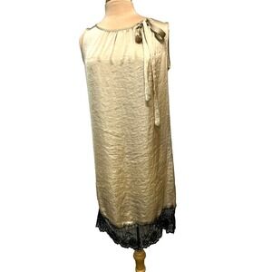 Biancoghiaccio Mosca Shift Dress Silky Gold Black Lace Hem Neck Tie Sleeveless S